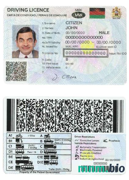 Szablon prawa jazdy w Malawi w formacie PSD, ze wszystkimi czcionkami